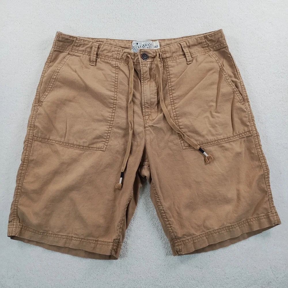 Lucky Brand Linen Shorts Men's 33 Khaki Drawstring Relaxed Safari Summer Beach